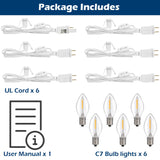 6 Packs 6ft Village Light Cord with 1W C7 LED Bulb, Salt Lamp Cord with ON/Off Switch and 2 Spare Fuses, Blow Mold Light Ideal for Christmas Village House Craft Decorations