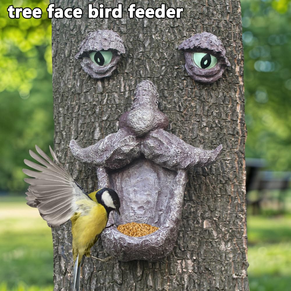 jinhuoba Tree Face Decors Wild Bird Feeders, Whimsical Big Eyes Old Man Face for Tree Hugger Yard Art Outdoor Garden Sculptures