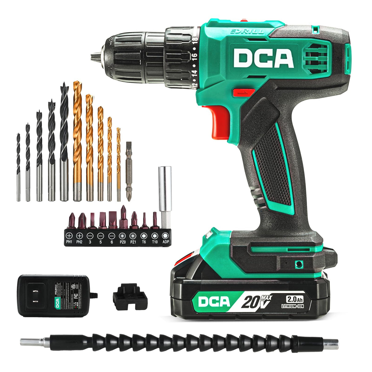 DCA Cordless Drill Set, 354 in-lbs Torque, 3/8" Keyless Chuck, Electric Power Drill with 2.0Ah Battery and Charger,18+1 Position,25-Piece 20V Drill Driver Kit, ADJZ2035