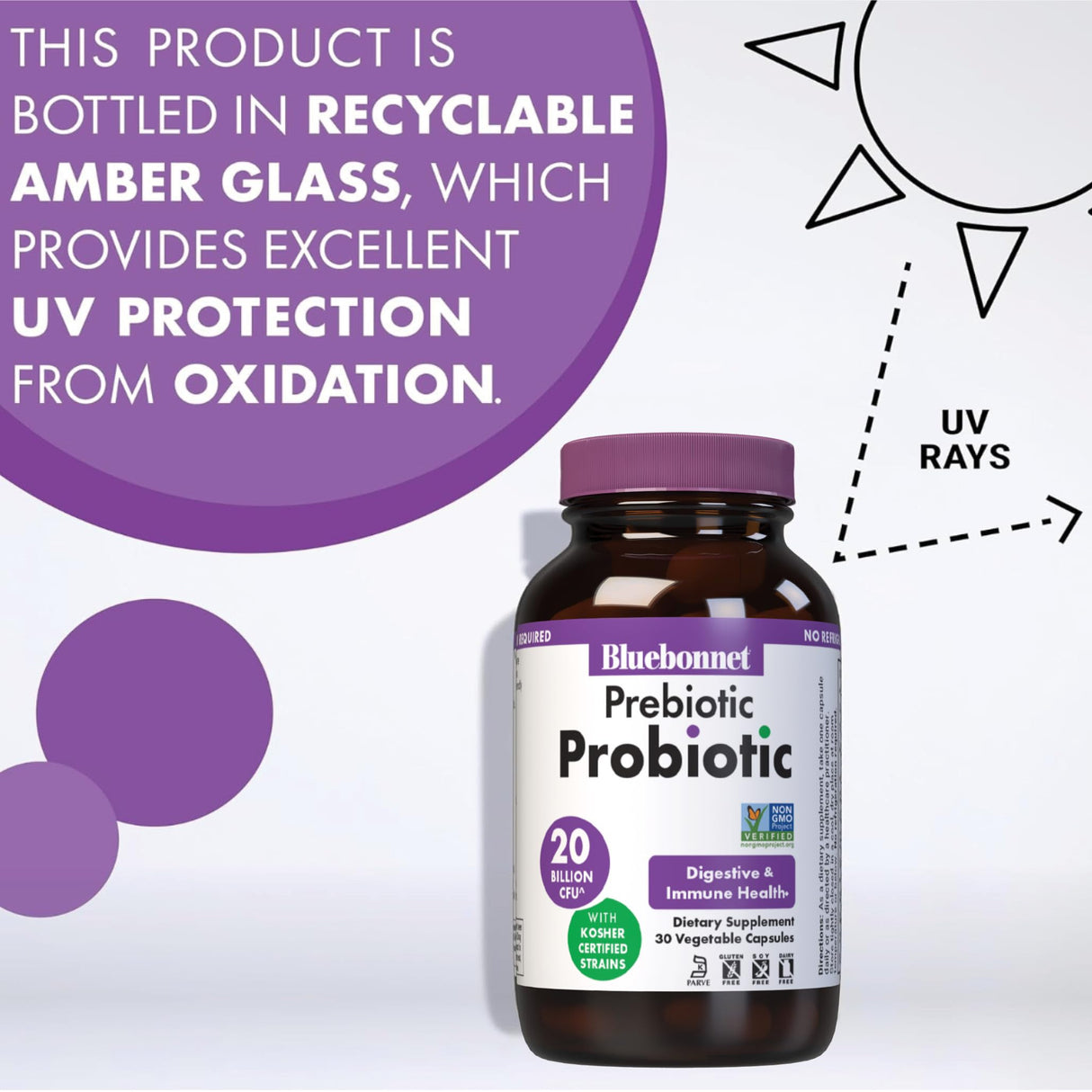 Bluebonnet Nutrition Prebiotic Probiotic 20 Billion CFU Shelf Stable - 5 Kosher Certified Strains – Digestion, Gut, & Immune* - Non-GMO, Gluten-Free, Soy-Free - 30 Vegetable Capsules, 30 Servings