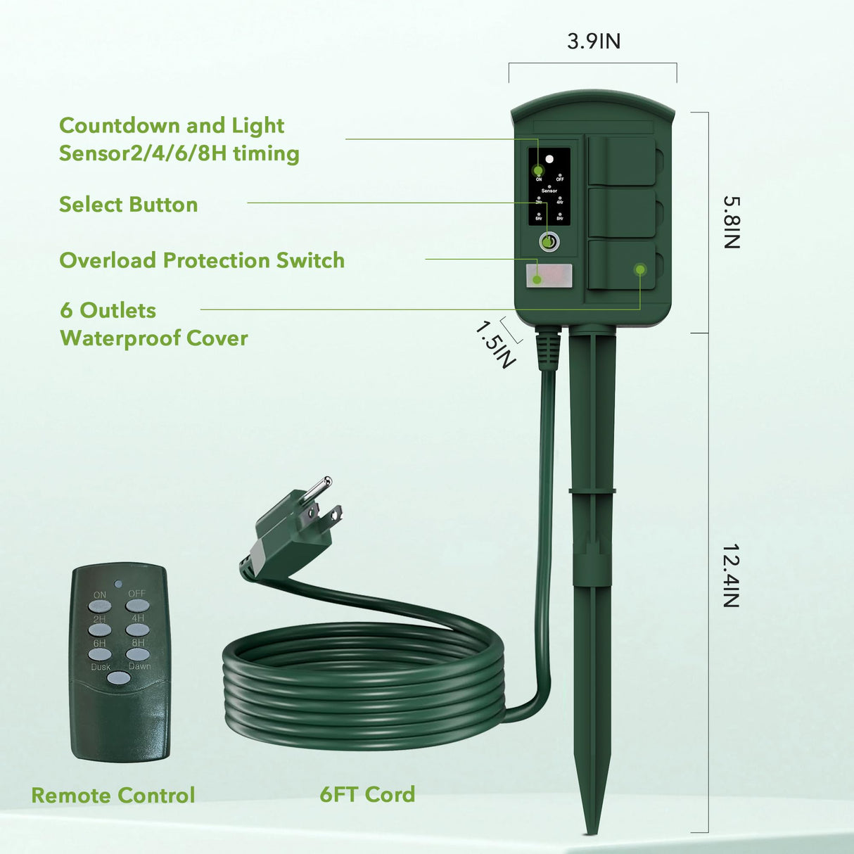 BN-LINK Heavy Duty Outdoor Stake Timer, 6 Outlets, Weatherproof, Perfect for Outdoor Lights, Sprinklers, Christmas Lights (with Remote-Photocell)