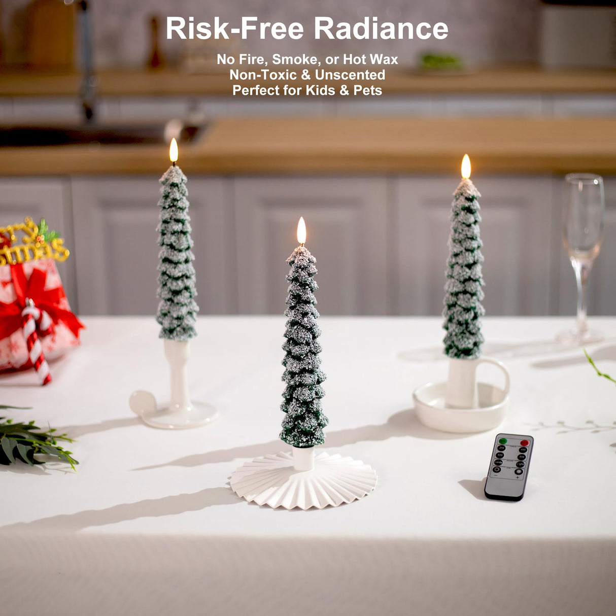 Stmarry 4 PCS Flameless Christmas Tree Candles with Remote, Snow Covered Real Wax Flameless Taper Candles 9.65 Inch, LED Candlesticks Battery Operated with 3D Flickering Flame, Christmas Candles Decor