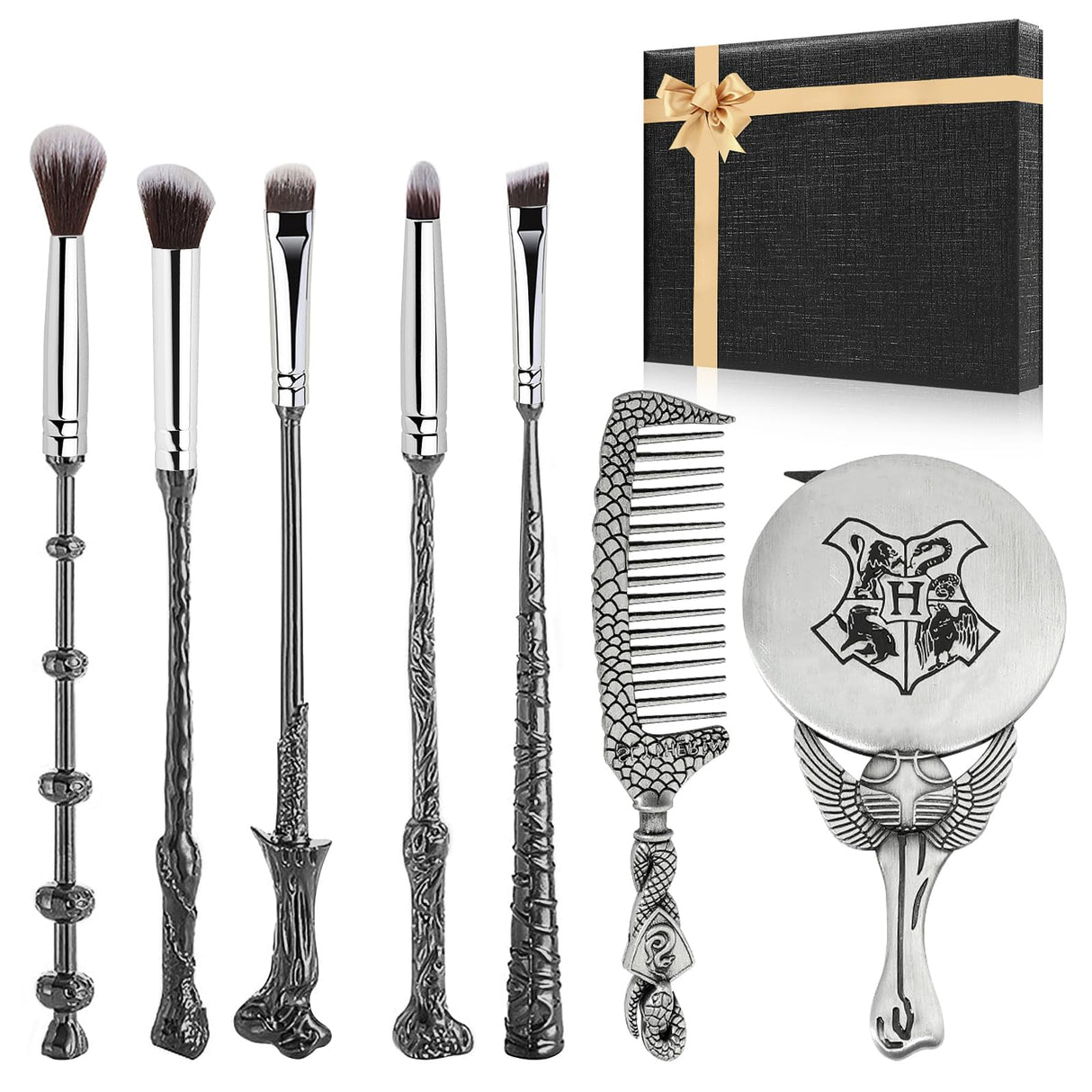 Harry Makeup Brushes Gifts Set for Women, Potter Makeup Brushes with Mirror & Comb, Christmas Birthday Gifts for Kids, Silver