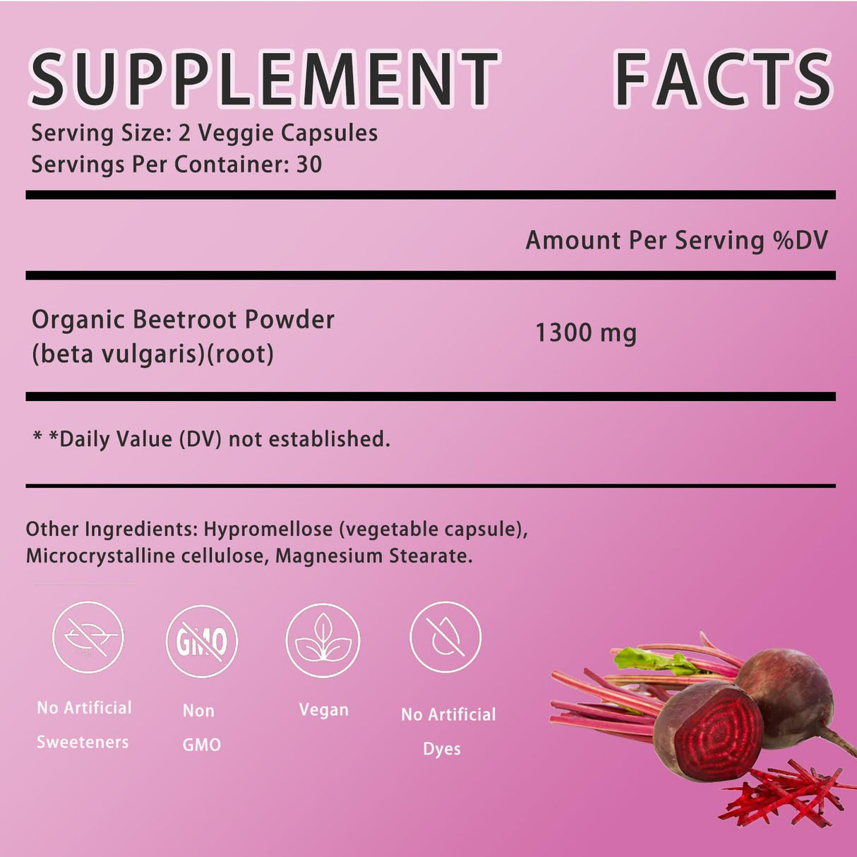 Organic Beet Root Capsules – 1300mg Beetroot Powder for Natural Energy & Endurance Support, Non-GMO, 60 Capsules, 30-Day Supply (1pc)