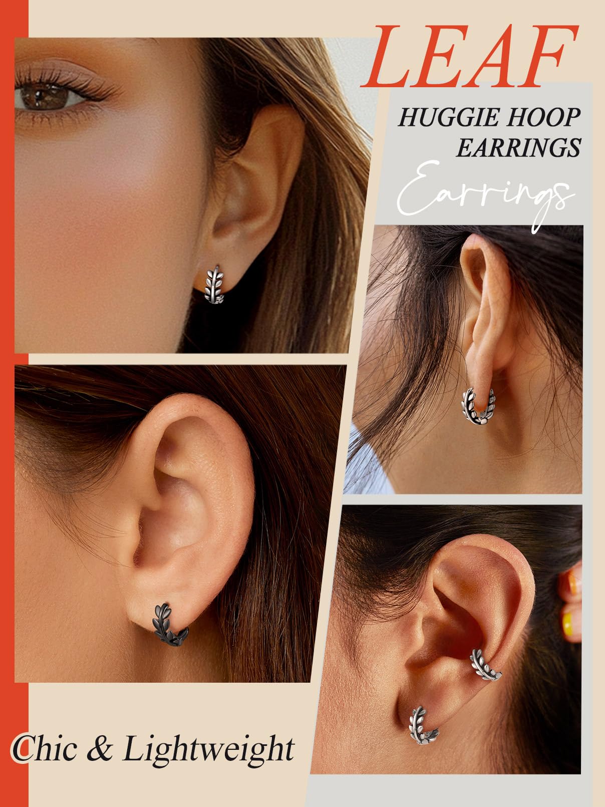 FaithHeart Small Black Leaf Hoop Earrings for Women, Black Stainless Steel Huggie Hoops Earrings Lightweight Hypoallergenic Jewelry for Sensitive Ears