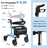 WALK MATE Rollator Walker for Seniors with Cup Holder, Upgraded Thumb Press Button for Height Adjustment, 4 x 8 Wheels Walker with Seat Padded Backrest Folding Lightweight Walking Aid, Blue