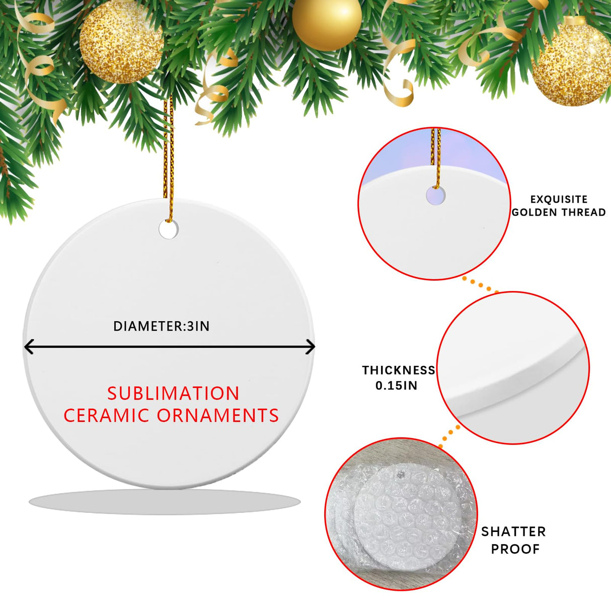 50 PCS Ceramic Sublimation Ornament Blanks Bulk 3 Inch White Round Crafts DIY Personalized Printed Home Porcelain Paintable Christmas Decorations