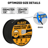 Heavy Duty Bungee Cord Roll, 1/4" x 110ft Marine Grade Outdoor Bungee Cords, Black Super Elastic Shock Cords, Long Cord for Cargo, Camping, Bike Racks, Tents