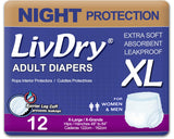 LivDry XL Overnight Adult Diapers for Women and Men, Incontinence Underwear, X-Large, 12-Pack