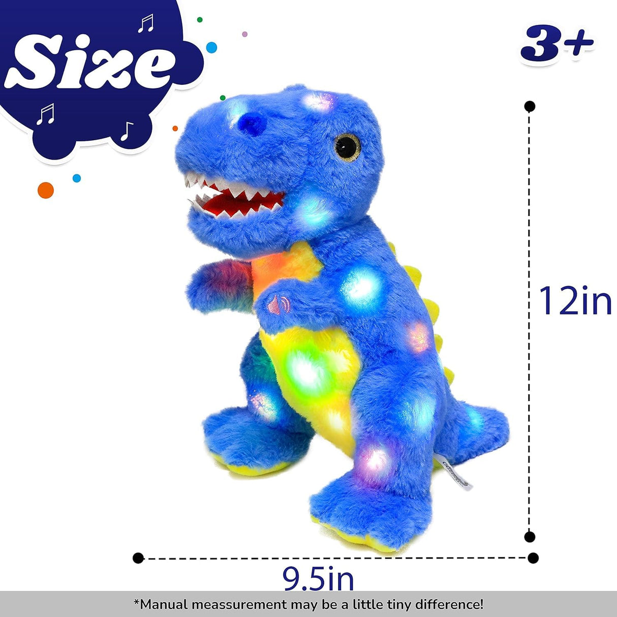 Cuteoy Light-up Singing Plush Blue Dinosaur LED Musical Stuffed Animal T-Rex Adjustable Volume Lullaby Plushies Birthday Christmas Toy Gifts for Kids Toddler Girls, 12"
