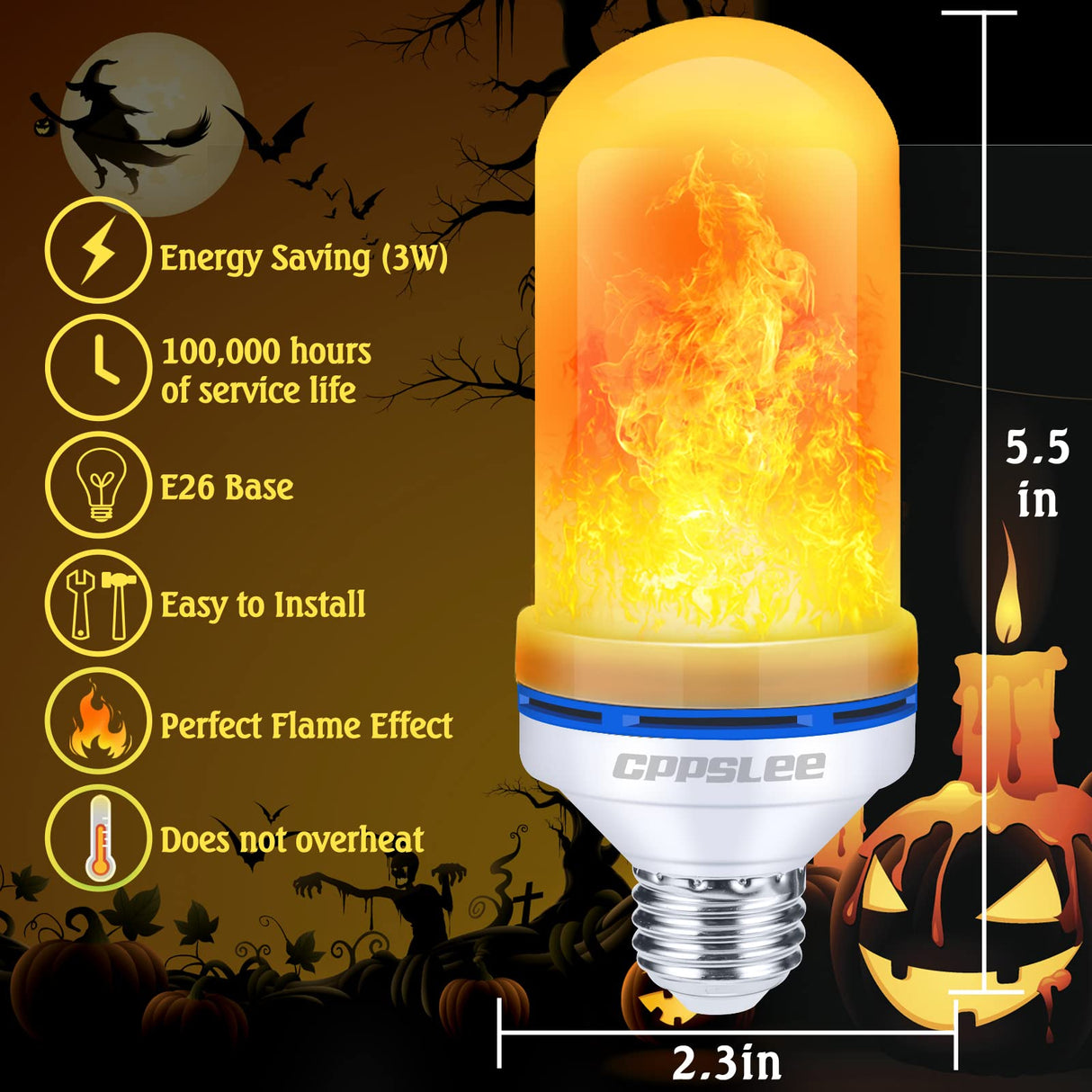 Halloween Decorations Upgraded LED Flame Light Bulbs, 4 Modes Fire Flame Bulb, E26 Base Flickering Light Bulbs, Christmas Decorations Outdoor Indoor Patio Home Decor (Yellow, 2 Pack)