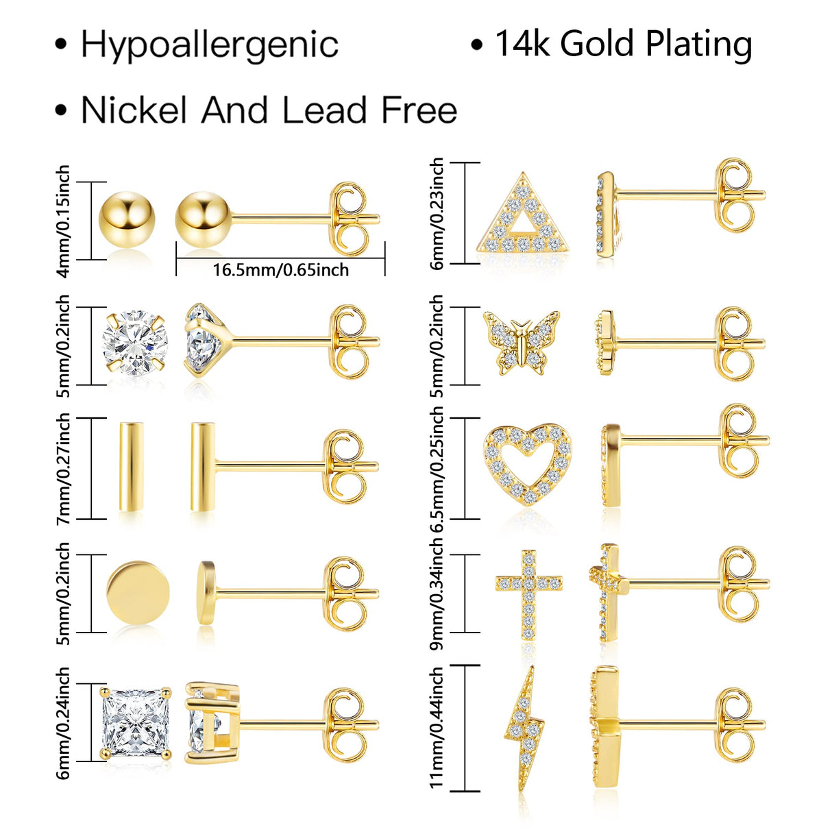 14K Gold Small Stud Earrings Set for Women Flat Back Earrings, 10 Pairs