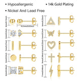 14K Gold Small Stud Earrings Set for Women Flat Back Earrings, 10 Pairs