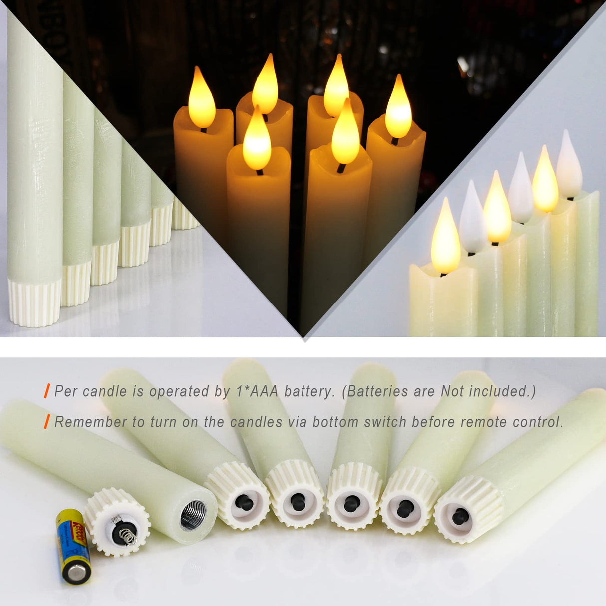 PChero Flameless Flickering Taper Candles with Remote Timer and Dimmer, 6.4 Inch Real Wax Ivory LED Candlesticks Battery Operated for Halloween Christmas Home Wedding Decor