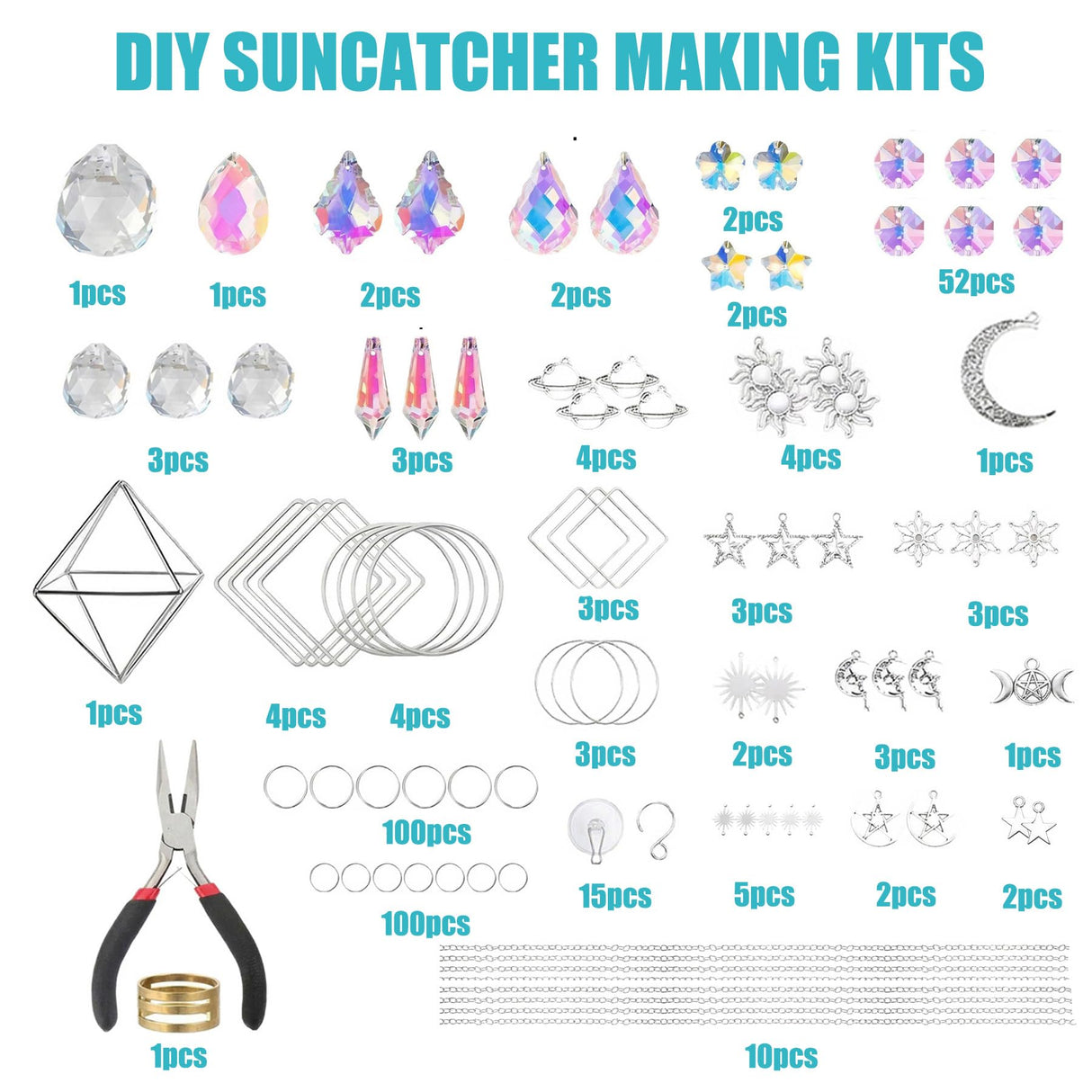 Suncatcher Kit for Adults, DIY Crystal Suncatcher Making Kit with Prism Beads, Includes 15 Strong Adhesive Hooks for Easy Hanging, 380PCS to Make 15 Suncatchers, Home Decor Gift