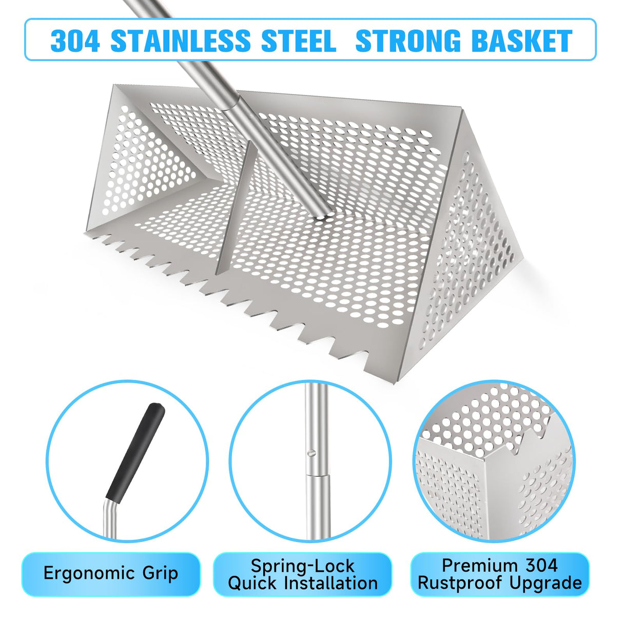 Sand flea rake - 304 Stainless Steel Pro 15.8 Inches Wide Basket Sand Sifter , Curved Handle Design Collapsible Sand Fleas Catcher for Travelling