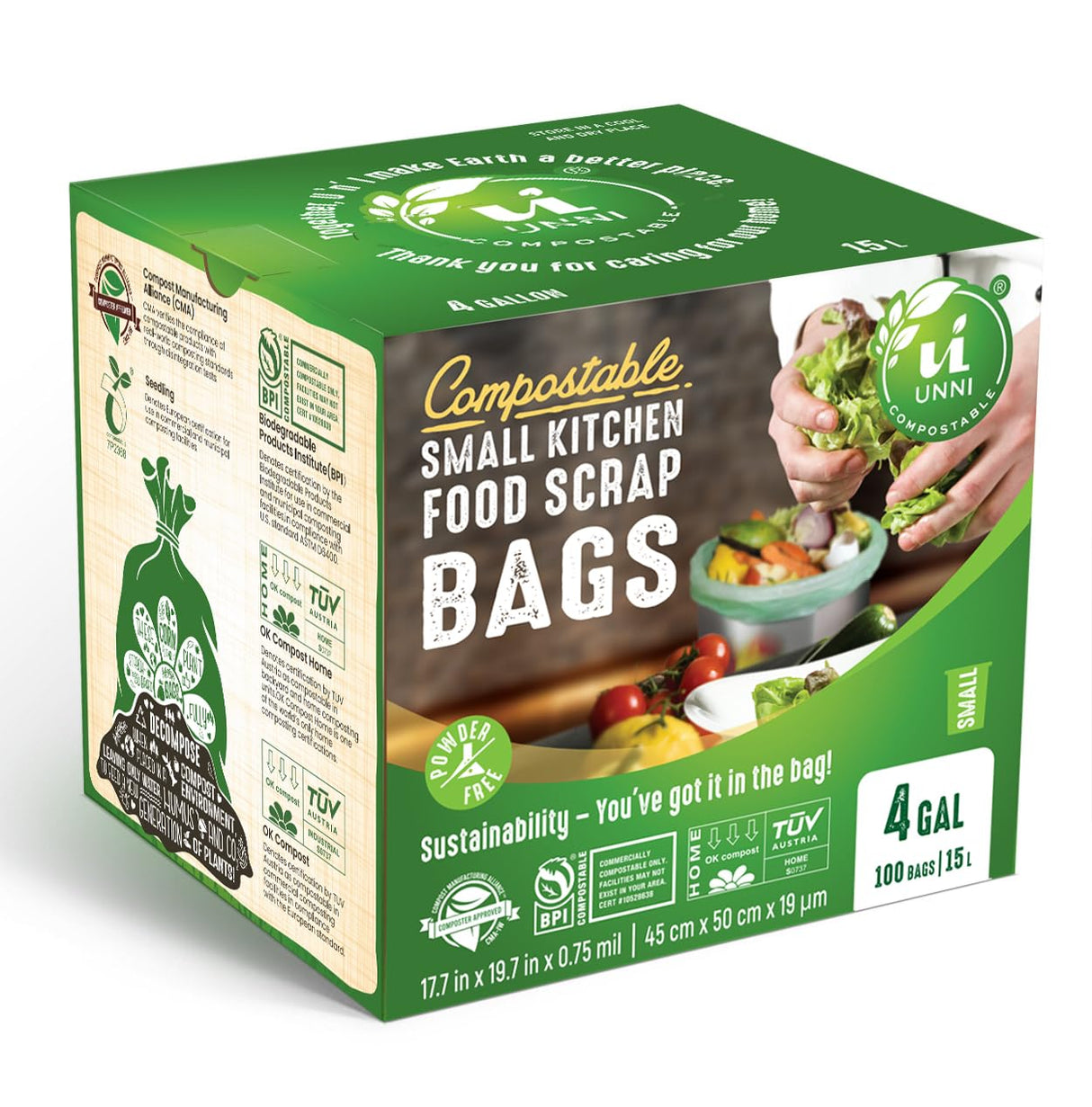 UNNI Compostable Liner Bags, 4 Gallon, 15 Liter, 100 Count, 0.75 Mil Extra Thick, Food Scrap Bags for Small Bins, ASTM D6400, US BPI, CMA and Europe OK compost HOME Certified, San Francisco