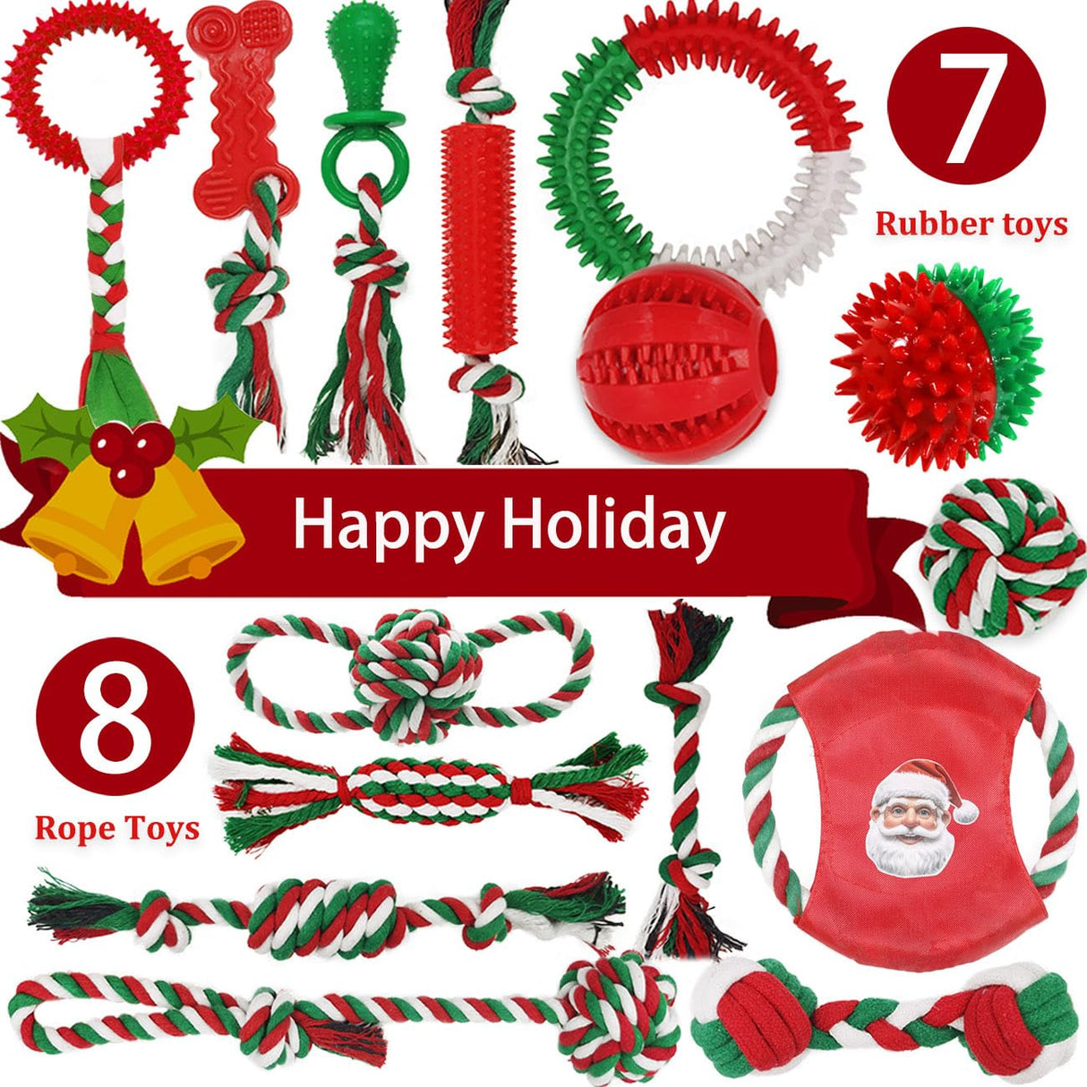 Beiker Christmas Dog Toys Bulk 15 Pack, Puppy Chew Toys for Teething Small Medium Puppies, Holiday Christmas Themed Presents Gifts Box Including Variety Tough Rubber and Rope Toys