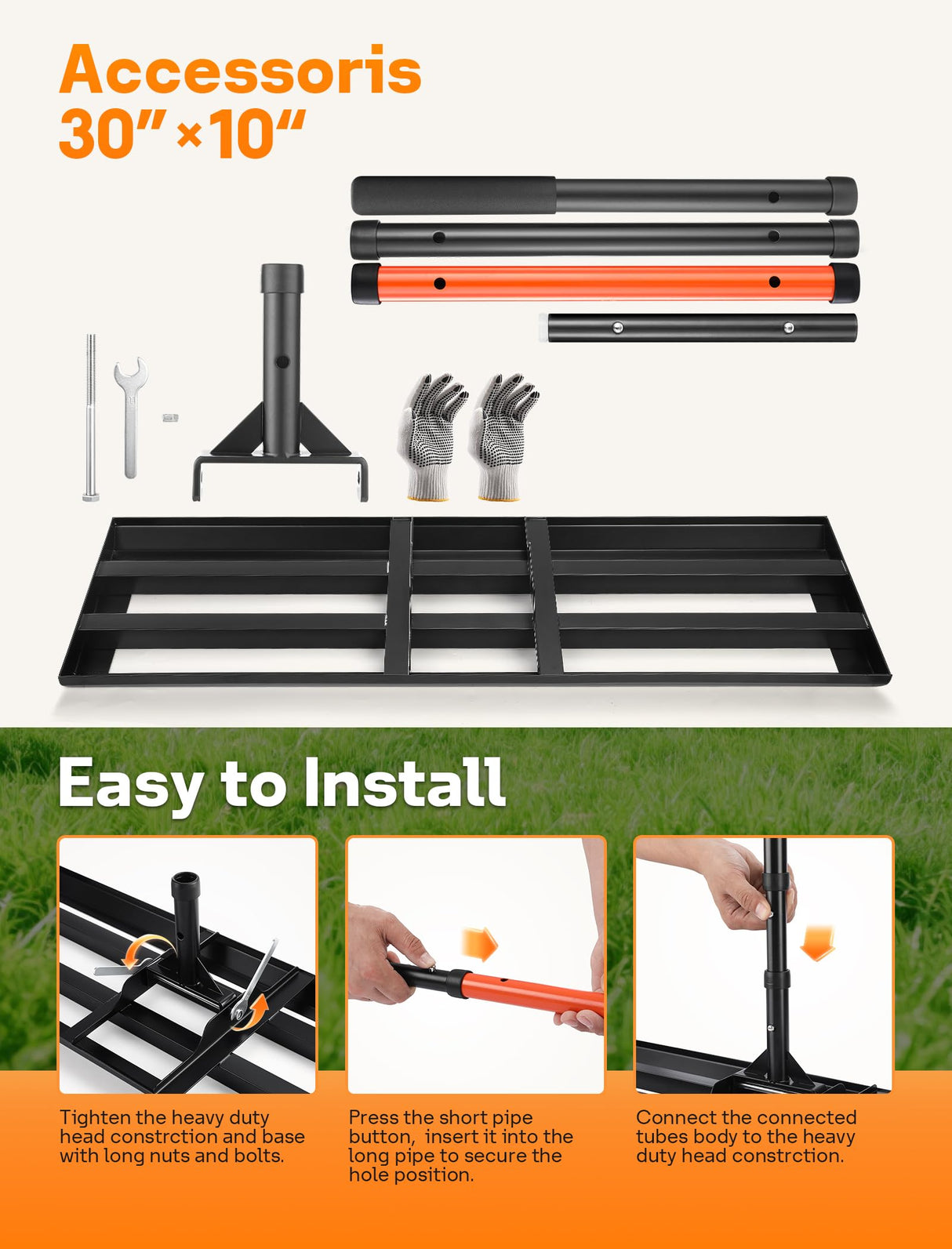 Lawn Leveling Rake 30" x 10", Heavy Duty Lawn Leveler with 78" Handle
