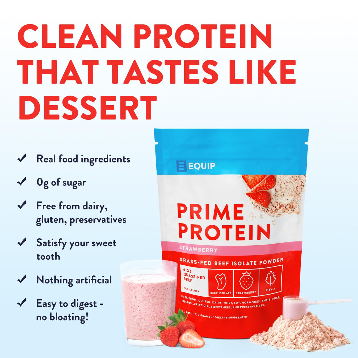 Equip Foods Prime Protein Powder | Clean, Grass Fed Beef Protein Isolate | Carnivore Protein Powder | Paleo, Keto Friendly | Gluten, Dairy Free | Helps Build & Repair Tissue | 30 Servings, Strawberry