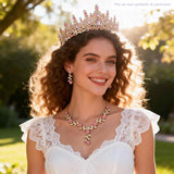 Kamirola Tiaras and Crowns for Women,Tiaras Earrings Necklace, Crystal Bridal Jewelry Set (Gold Pink)