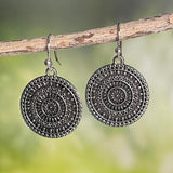 Boho Silver Medallion Drop Earrings for Women – Lightweight Hammered Disc Dangle Earrings with Tribal Mandala Design – Fashion Jewelry Gift for Free Spirits (Silver with Hook)