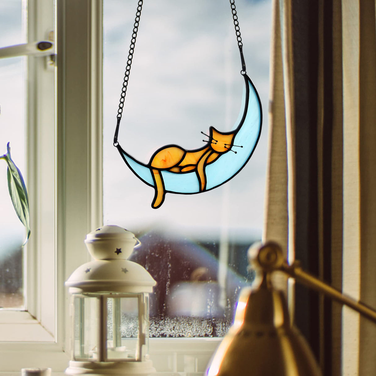 BOXCASA Orange Cat Suncatchers Handcrafted Stained Glass Window Hanging - Moon Phase Memorial Gifts for Cat Lovers,Birthday,Christmas Day, for Women,Mom