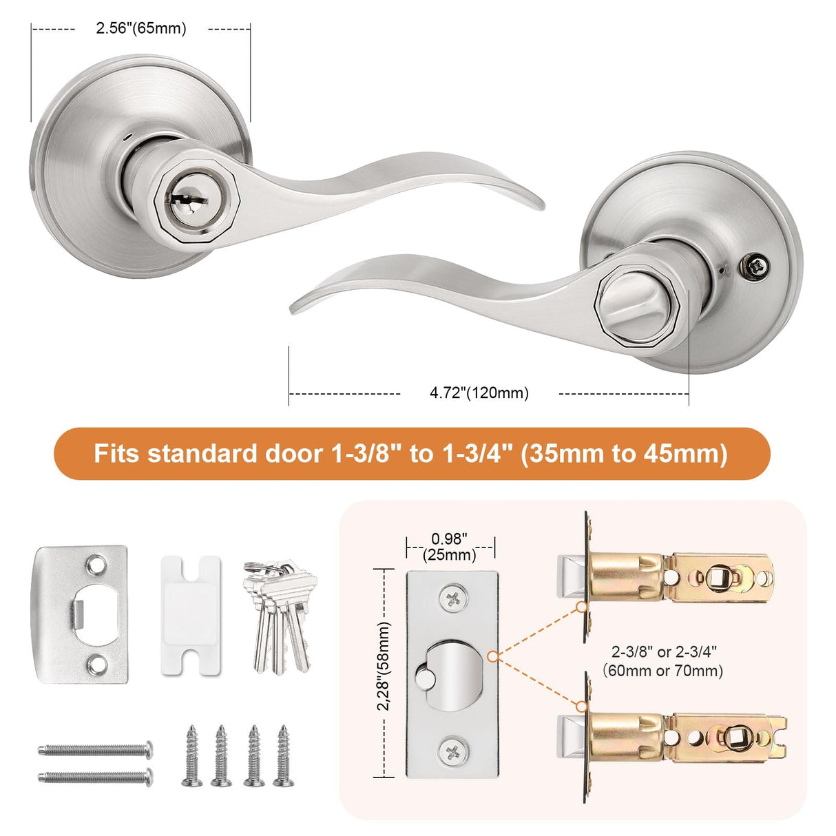 Probrico (2 Pack Wave Style Keyed Alike Entry Levers, Exterior Interior Satin Nickel Keyed Door Handles with Lock and Same Keys, Reversible for Right Left Handed Doors