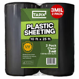 Plastic Sheeting Black (10' x 25') Long, 3 Mil, (2 Pack) - UV Protection Poly Sheeting Polyethylene Film, Heavy Duty Greenhouse Plastic Sheeting