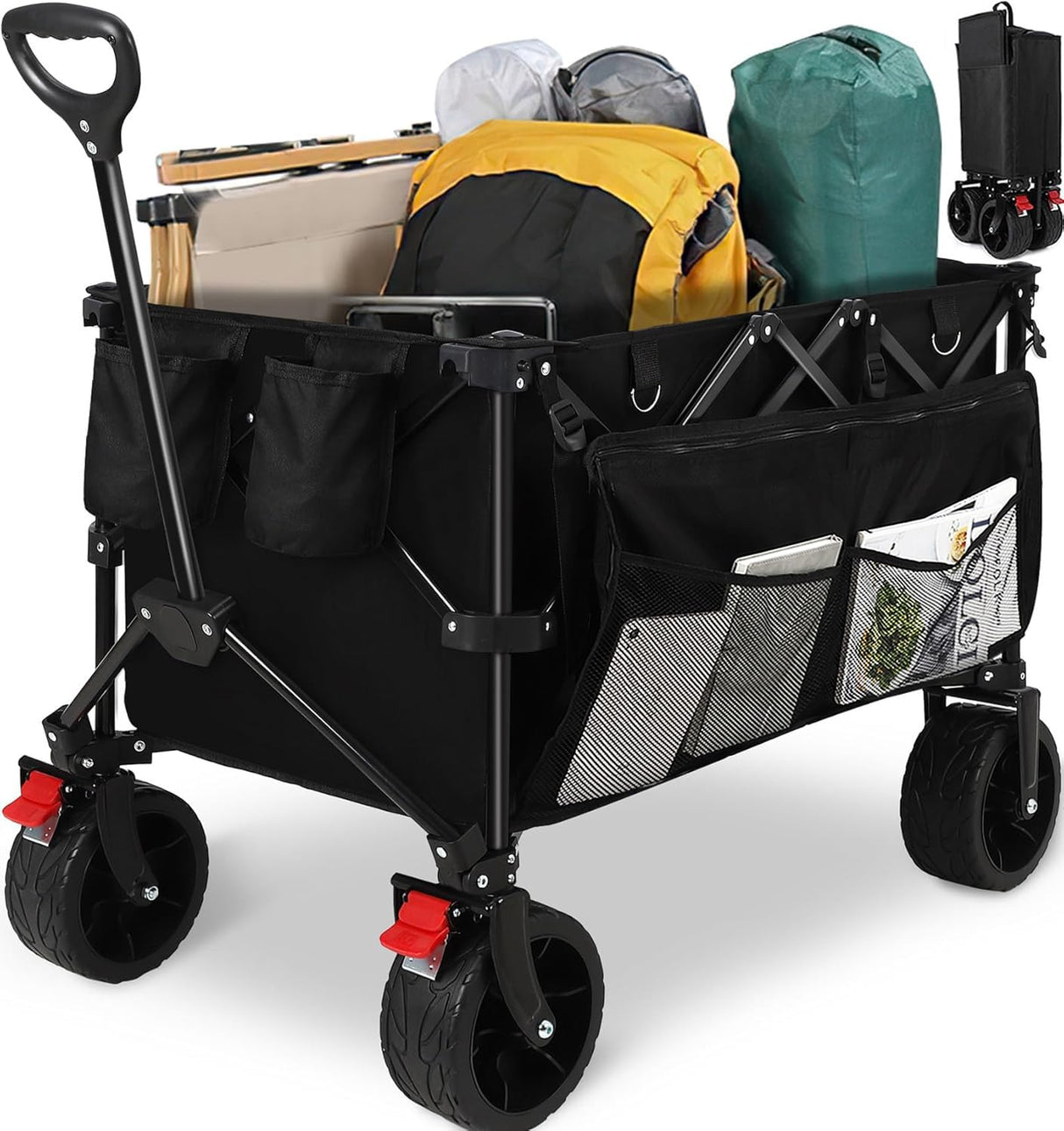 HAUSPROFI Collapsible Wagon Cart, 400 lbs Capacity, 7 cu ft (200L) Large Storage, Heavy Duty Foldable Utility Wagon with Pockets, Beach Wagon with Big Wheels for Sand, Garden, Camping & Grocery