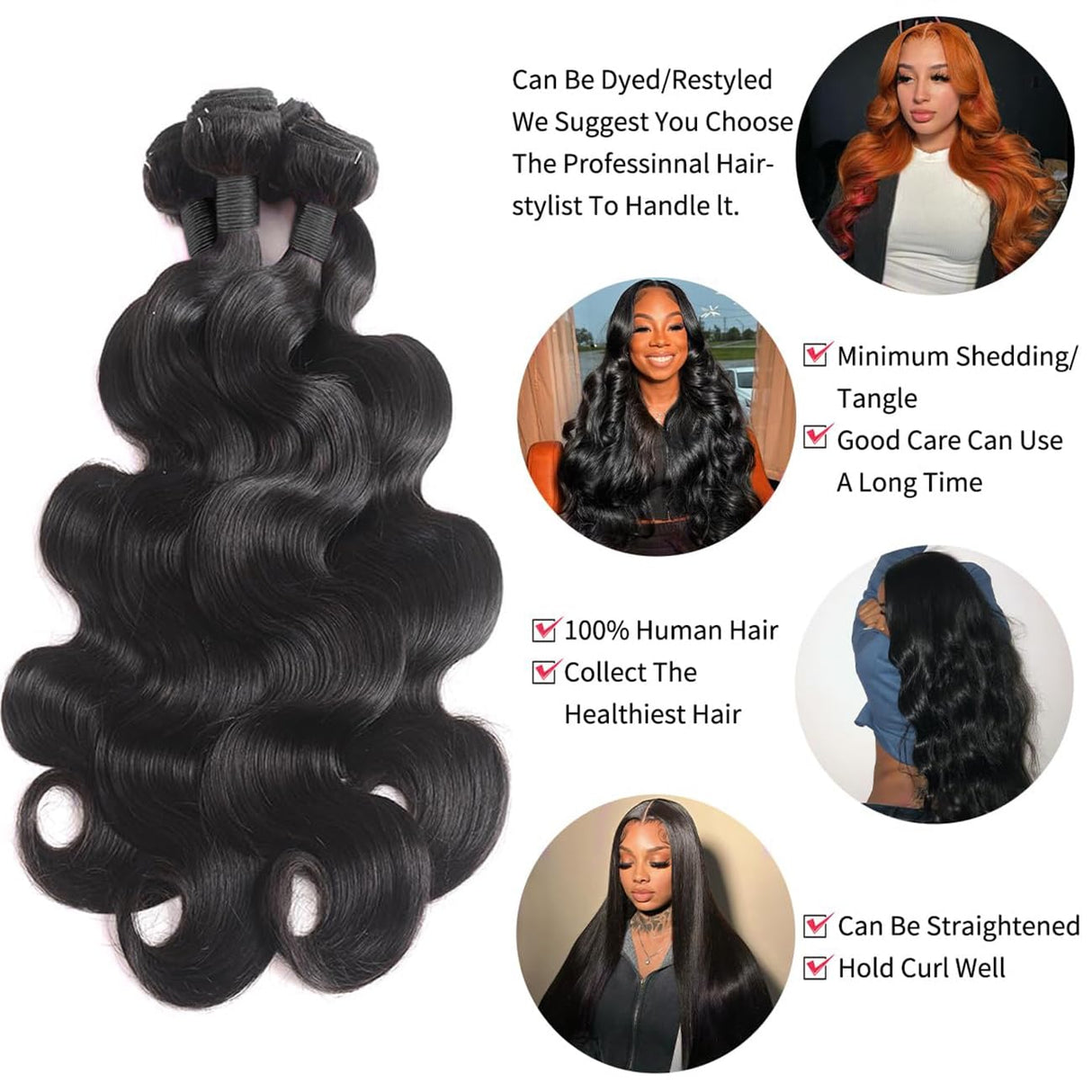 Body Wave Bundles Human Hair 20 22 24 26 Inch 12A Human Hair Bundles 100% Unprocessed Brazilian Human Hair Extensions for Women Natural Black