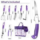 MelonArt Garden Tool Set, 10 Pcs Heavy Duty Gardening Tool Kit Women Garden Gift Set Aluminum with Non Slip Ergonomic Handle, Storage Tote Bag and Gloves, Garden Supplier for Women&Men(Purple)