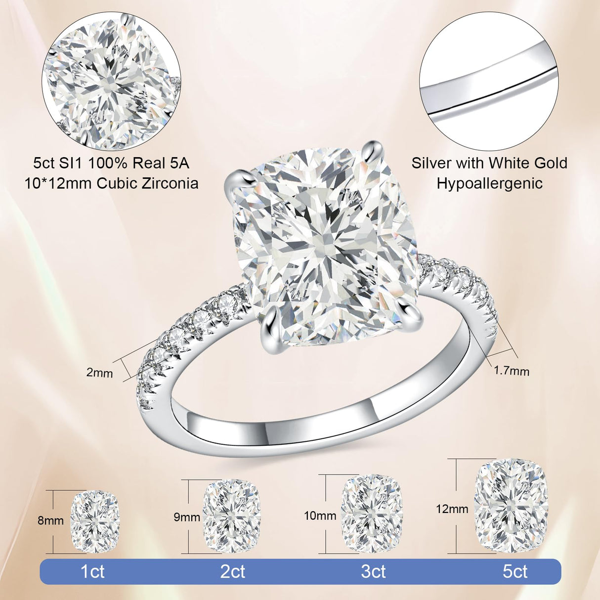 AVECON 5CT Elongated Cushion Cut Engagement Ring for Women, Wedding Promise Cubic Zirconia Band, White Gold Plated Bridal Half Eternity Rings with 4 Prong, Size 6