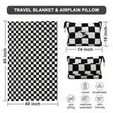 Travel Blanket and Pillow Compact, Premium Soft 2 in 1 Airplane Blanket with Soft Bag Pillowcase，Hand Luggage Sleeve and Backpack Clip (Checkered Black)