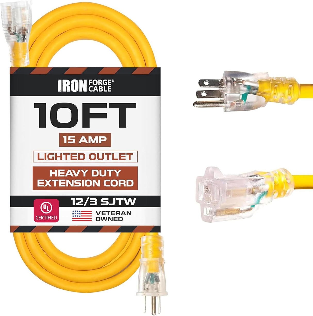Iron Forge Cable 10 Foot Lighted Outdoor Extension Cord - 12/3 SJTW Heavy Duty Yellow Extension Cable with 3 Prong 15 AMP Grounded Plug for Safety