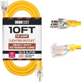 Iron Forge Cable 10 Foot Lighted Outdoor Extension Cord - 12/3 SJTW Heavy Duty Yellow Extension Cable with 3 Prong 15 AMP Grounded Plug for Safety