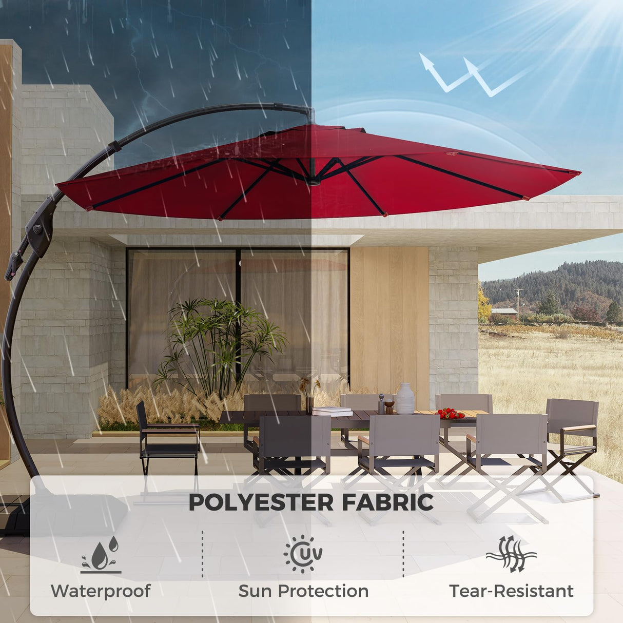 Grand patio Napoli 11 FT Cantilever Offset Umbrella Aluminum Frame with 360° Rotation without Base, Red