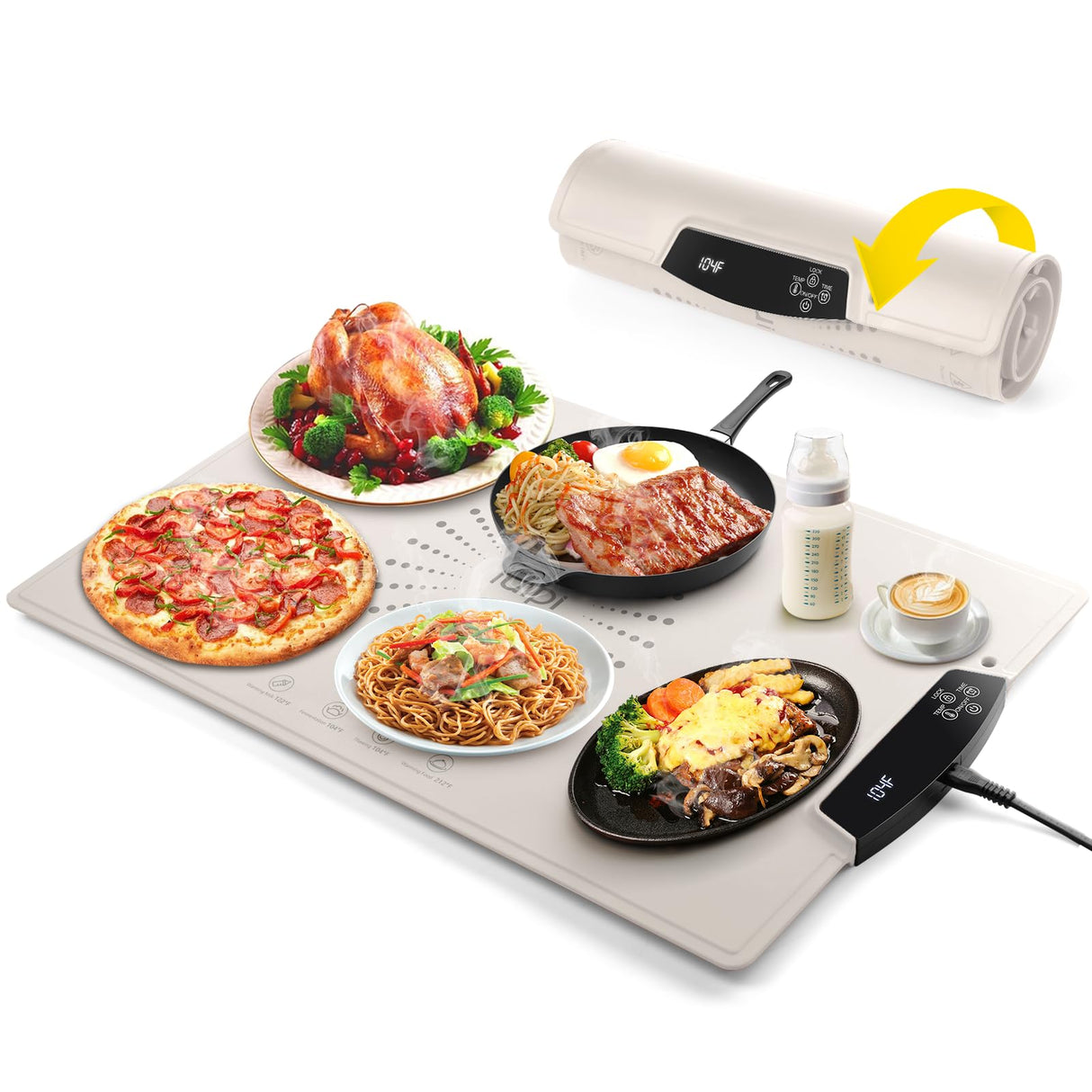 Food Warming Mat, Large Electric Warming Tray with 7 Temperature Settings 2-12H Timer and Child-Lock Fast Full Surface Heating Roll Up Food Warmers for Parties Buffet Gatherings Countertop
