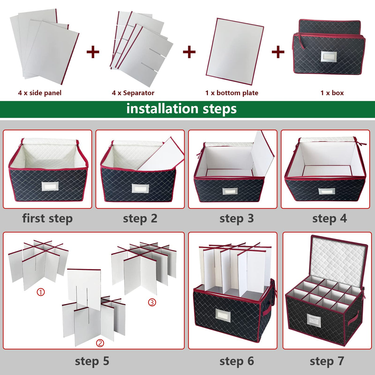 VERONLY Christmas Stemware Storage Cases with Dividers- Holds 24 Wine Glass Storage or Crystal Glassware Containers, China Storage Containers with 2 Handles and Lable Window -Set of 2 Black