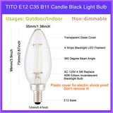 TITO 6 Pack E12 B11 Filament LED Candle Black Light Bulbs, UVA 395nm 4.5W Candelabra Black Light Bulb, 60W Blacklight Bulb Equivalent, Glow in Dark Halloween Christmas Party Fluorescent Posters Decor