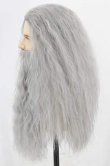 Topcosplay Men Wigs and Beard Set Long Gray Cosplay Halloween Costume Party Wizard Wig