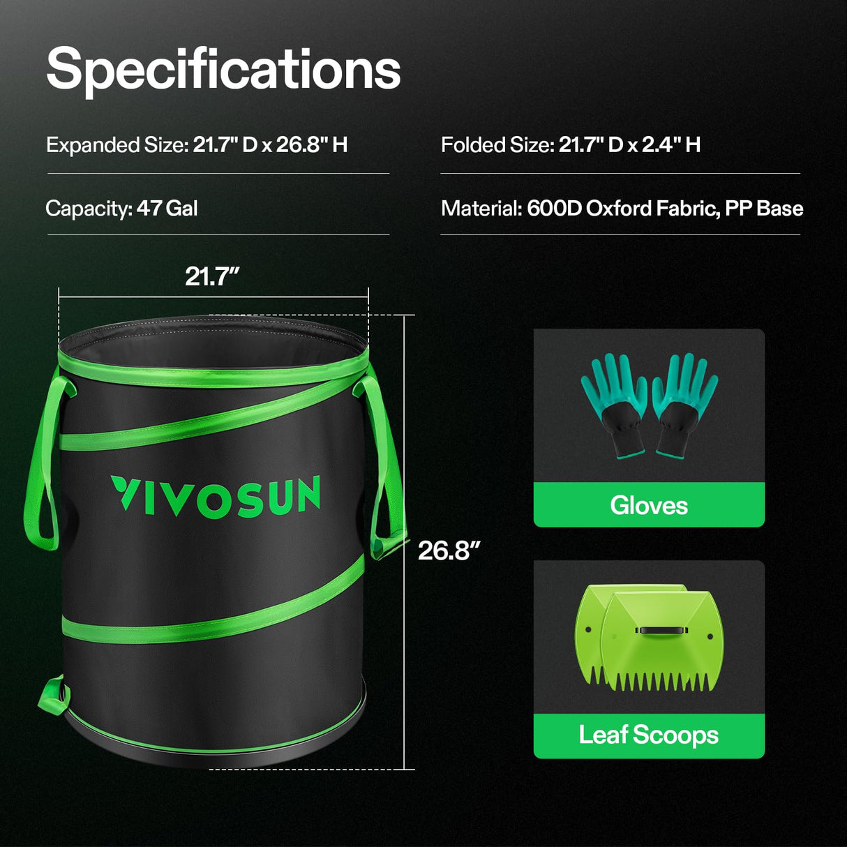 VIVOSUN 47-Gallon Collapsible Garden Bag, Yard Waste Bin with Hard-Shell Bottom, Leaf Scoops and Gloves, Collapsible Yard Waste Containers for Lawn Care and Camping, 2-Pack