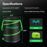 VIVOSUN 47-Gallon Collapsible Garden Bag, Yard Waste Bin with Hard-Shell Bottom, Leaf Scoops and Gloves, Collapsible Yard Waste Containers for Lawn Care and Camping, 2-Pack