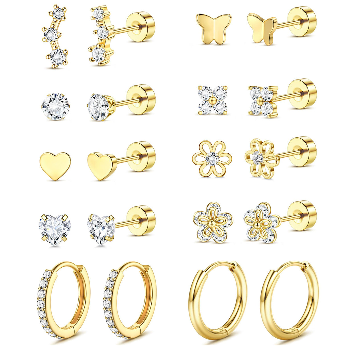 LOLIAS 10Pairs Flat Back Earrings for Women Girls Hypoallergenic Gold Stud
