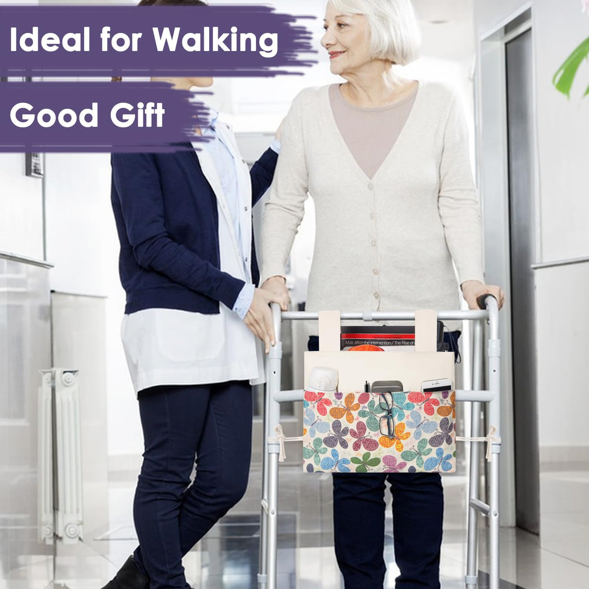 TOGETRUE Walker Bag, Handy Walker Basket with Water Cup Holder, Walker Accessories Storage Bag for Folding Walker, Wheelchairs, Strollers, 15"x11.5" (Butterfly)