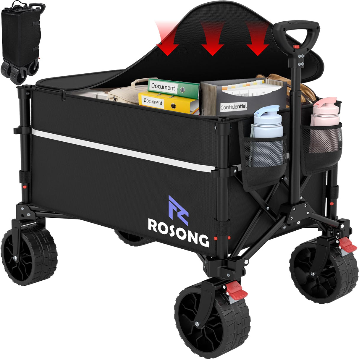 ROSONG Collapsible Wagon Cart with Wheels Foldable - Folding Utility Heavy Duty Wagons Carts for Grocery Sports Garden Shopping Camping Wheelbarrows (Black with Cover, 120L)