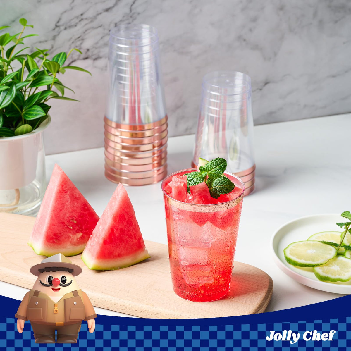 JOLLY CHEF 12 oz Rose Gold Plastic Cups Tumblers 100 Pack Disposable Clear