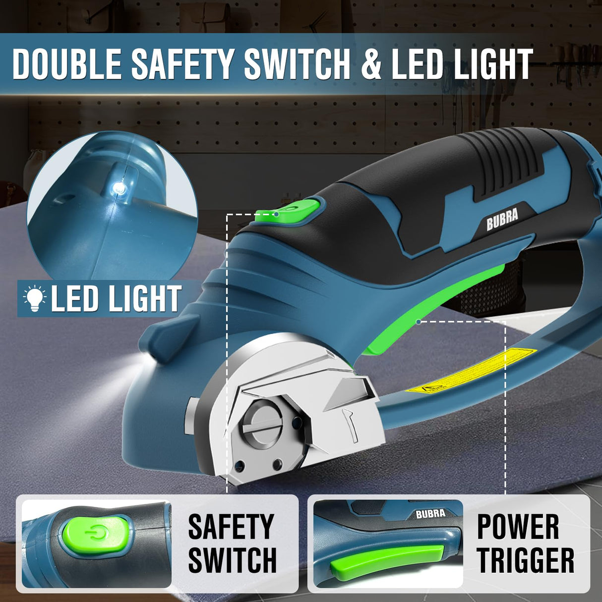 Cordless Electric Scissors 4V Rechargeable Cardboard Cutter with 4 SK5 Blades, 2000mAh Battery, LED Light, Electric Box Cutter 1/3” Cutting Capacity Power Cutter for Fabric Carpet Leather - Blue