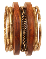 Touchstone wooden women bamboo wood jewelry african bangle bracelets gold bangles brown boho accessories chunky vacation brass statement natural rustic Indian bollywood handcrafted. Set of 7