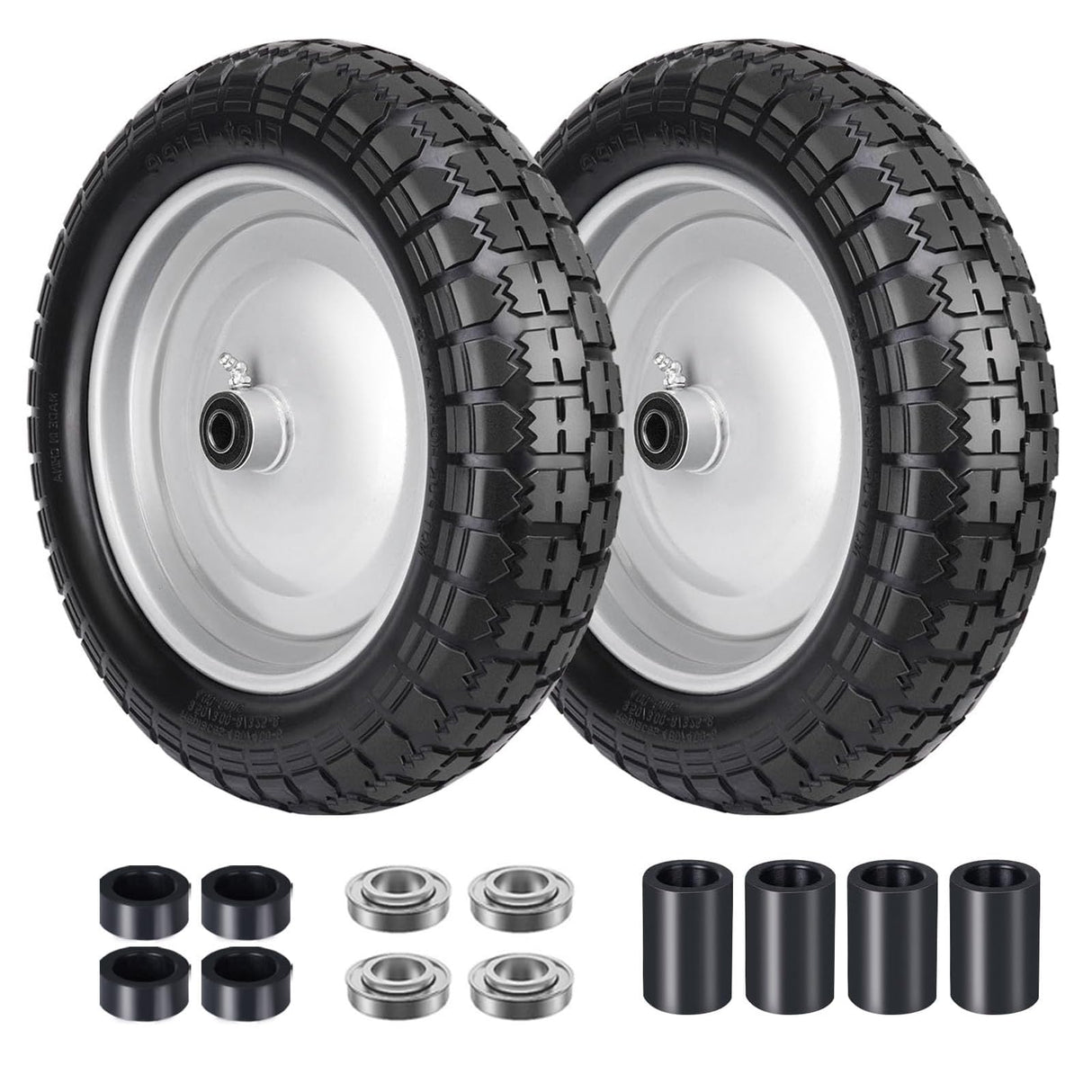 Sutmorly 4.80/4.00-8 Tire, 14.5" Flat Free Wheelbarrow Tire and Wheel, 5/8" 3/4" Bearings Solid Replacement Tires, 3" -7" Centered Hub, Universal Fit 3.50/3.00-8, 4.00-6 Trolley Dolly Go Kar, 2 Pack